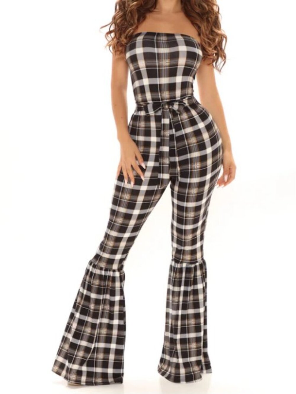 Fashion Nova Black White and Tan Plaid Jumpsuit,super Stretchy, M NEW
